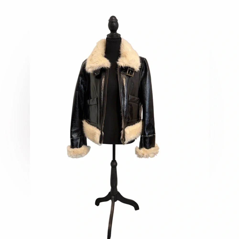 Michael Kors Women's Black and Cream Faux Fur Jacket